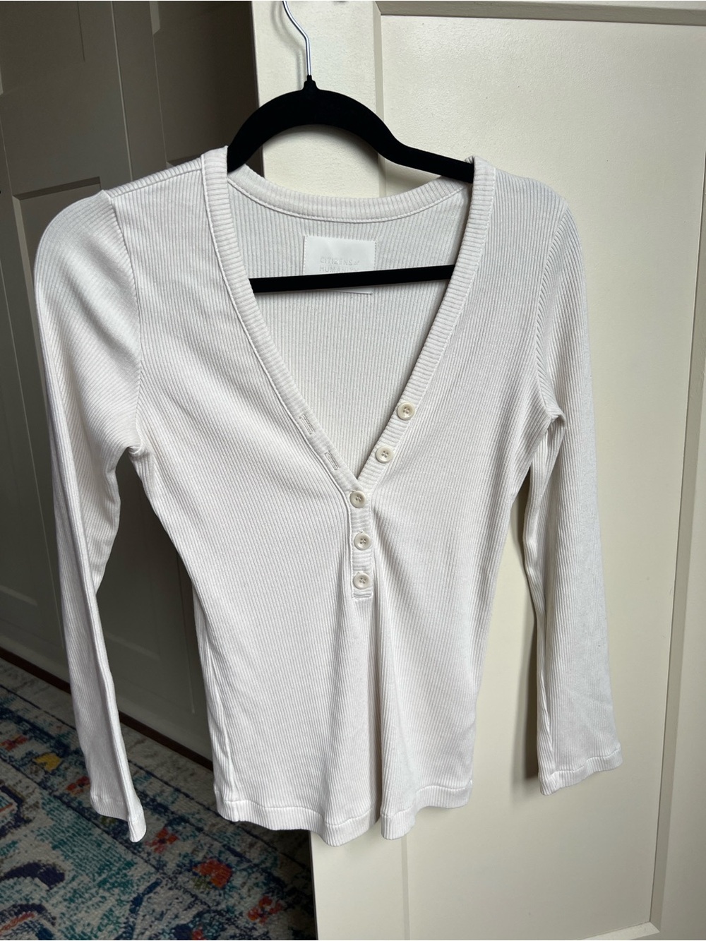 Citizens of Humanity Aideen Ribbed Henley Top White Gray Off-White S